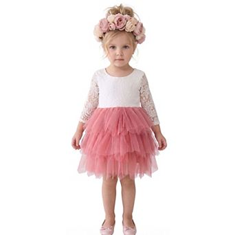 2Bunnies Girls Peony Lace Long Sleeve Tiered Tulle Knee Dress