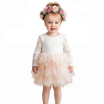 2Bunnies Girls Peony Lace Long Sleeve Tiered Tulle Knee Dress