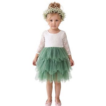 2Bunnies Girls Peony Lace Long Sleeve Tiered Tulle Knee Dress