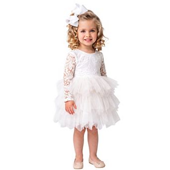 2Bunnies Girls Peony Lace Long Sleeve Tiered Tulle Knee Dress
