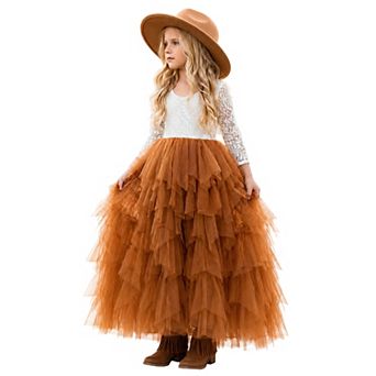 2Bunnies Girls Peony Lace Long Sleeve Tiered Tulle Maxi Flower Girl Dress