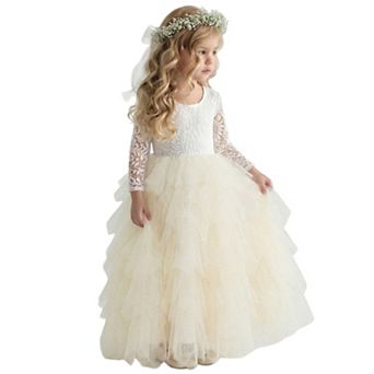 2Bunnies Girls Peony Lace Long Sleeve Tiered Tulle Maxi Flower Girl Dress
