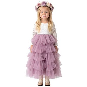 2Bunnies Girls Peony Lace Long Sleeve Tiered Tulle Maxi Flower Girl Dress