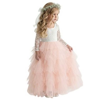 2Bunnies Girls Peony Lace Long Sleeve Tiered Tulle Maxi Flower Girl Dress