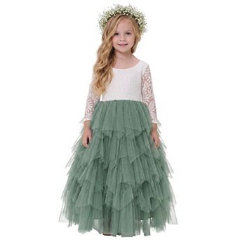 2Bunnies Girls Peony Lace Long Sleeve Tiered Tulle Maxi Flower Girl Dress