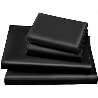 Silky Bed Sheet Set for Hair & Skin,Satin Queen Size 4 pc with Deep Pocket,Black Bedding