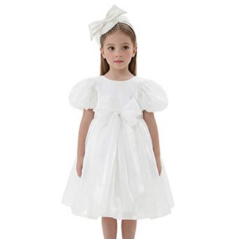 2Bunnies Girls' Glossy Organza Puff Sleeve Fit & Flare Bow Party Dress