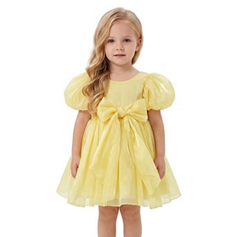 2Bunnies Girls' Glossy Organza Puff Sleeve Fit & Flare Bow Party Dress