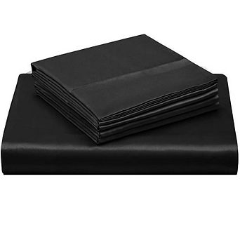 Satin Fitted Sheet Set Queen,3 pc Black Deep Pocket Sheet & 2 Pillowcases,with Corner Straps