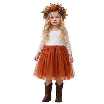 2Bunnies Girls Peony Lace Long Sleeve Tulle Knee-Length Flower Girl Dress