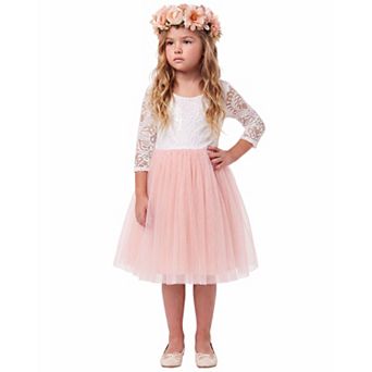 2Bunnies Girls Peony Lace Long Sleeve Tulle Knee-Length Flower Girl Dress