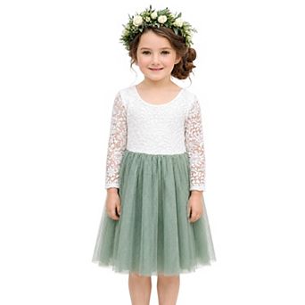 2Bunnies Girls Peony Lace Long Sleeve Tulle Knee-Length Flower Girl Dress