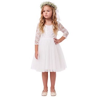 2Bunnies Girls Peony Lace Long Sleeve Tulle Knee-Length Flower Girl Dress
