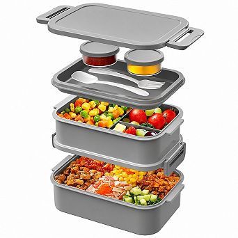 74 Oz Stackable Leakproof Bento Lunch Box With Sauce Boxes Fork Spoon