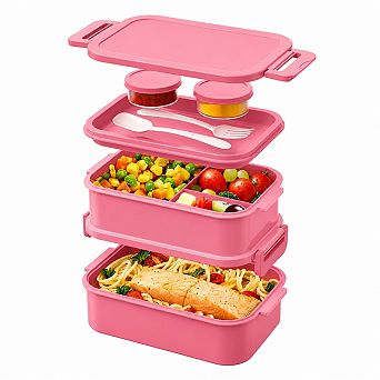 74 Oz Stackable Leakproof Bento Lunch Box With Sauce Boxes Fork Spoon