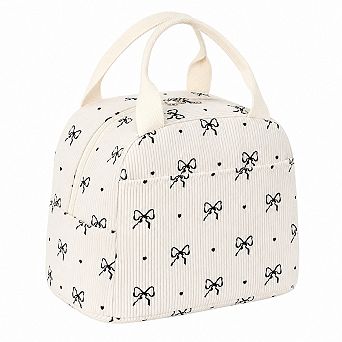 Cute Bow Tie Corduroy Insulated Lunch Bag For School Work