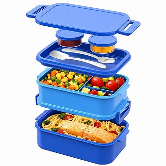 All in One Stackable Bento Lunch Box Leakproof with Sauce Containers Utensils