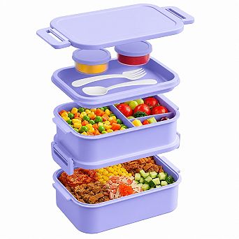 All in One Stackable Bento Lunch Box Leakproof with Sauce Containers Utensils
