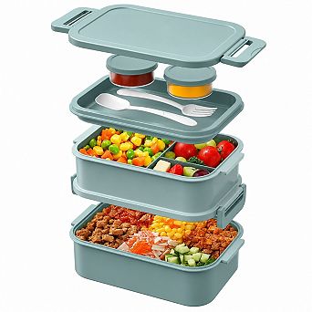 All in One Stackable Bento Lunch Box Leakproof with Sauce Containers Utensils