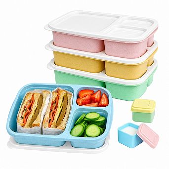 4 Pack 3 Compartment Reusable Meal Prep Lunch Box with 2 pc Sauce Containers
