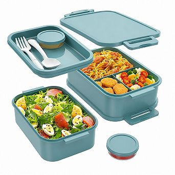 3 Layer Stackable Leak Proof Bento Lunch Box with Utensils Sauce Containers
