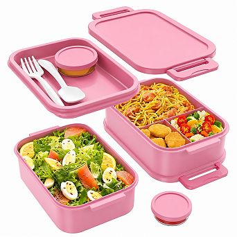 3 Layer Stackable Leak Proof Bento Lunch Box with Utensils Sauce Containers