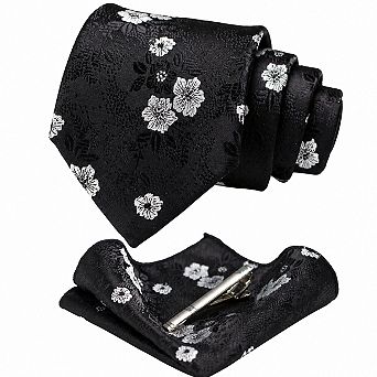 Live2Pedal Men's Floral Jacquard Silk Blend Necktie Pocket Square Tie Clip Set