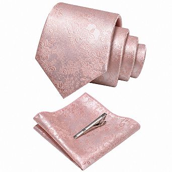 Live2Pedal Men's Floral Jacquard Silk Blend Necktie Pocket Square Tie Clip Set