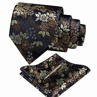 Live2Pedal Men's Floral Jacquard Silk Blend Necktie Pocket Square Tie Clip Set