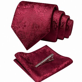 Live2Pedal Men's Floral Jacquard Silk Blend Necktie Pocket Square Tie Clip Set