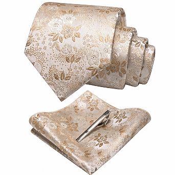 Live2Pedal Men's Floral Jacquard Silk Blend Necktie Pocket Square Tie Clip Set