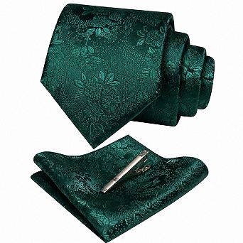 Live2Pedal Men's Floral Jacquard Silk Blend Necktie Pocket Square Tie Clip Set