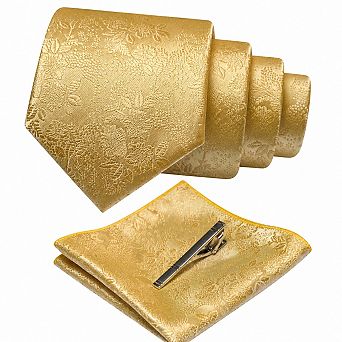 Live2Pedal Men's Floral Jacquard Silk Blend Necktie Pocket Square Tie Clip Set