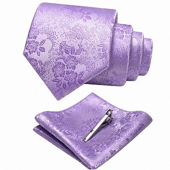 Live2Pedal Men's Floral Jacquard Silk Blend Necktie Pocket Square Tie Clip Set
