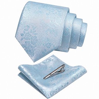 Live2Pedal Men's Floral Jacquard Silk Blend Necktie Pocket Square Tie Clip Set