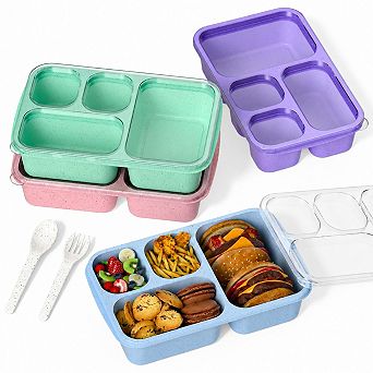Set of 4 5 Compartment Bento Box Meal Prep Food Storage Containers Stackable Travel Lunch Boxes