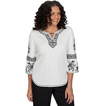 Petite Alfred Dunner Geo Floral Split Neck Embroidered Top