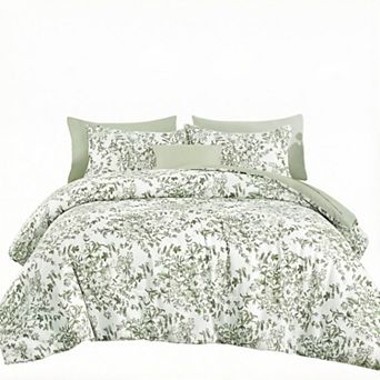Queen Comforter Set 8pcs, 90x90 in Sage Green Floral, All Season Soft Reversible Botanical Bedding