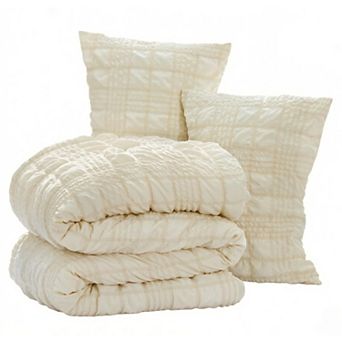 Queen Comforter Set, 3 pc Fluffy Lightweight Seersucker Comforter, Soft Breathable All Season