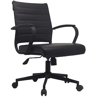 Black Office Chairs Mid Back Ribbed PU Leather Task Work and Conference