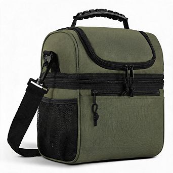 Dual Compartment Army Green Insulated Lunch Cooler Bag Leakproof Tote with Adjustable Shoulder Strap