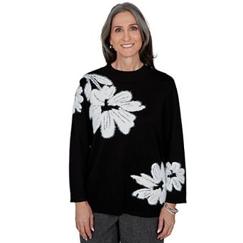 Petite Alfred Dunner Feathered Drama Floral Mockneck Sweater