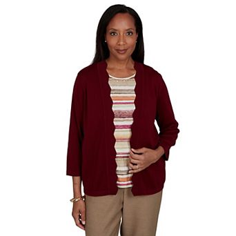 Petite Alfred Dunner Scalloped Cardigan Two-in-One with Striped Top