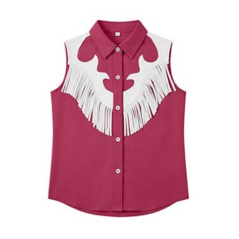 FUNJULY Girls' Western Sleeveless Fringe Shirt Cowgirl Tops Lapel Button-Down Tank Shirts
