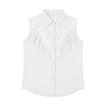 FUNJULY Girls' Western Sleeveless Fringe Shirt Cowgirl Tops Lapel Button-Down Tank Shirts