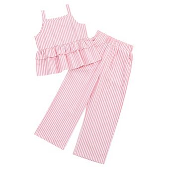 FUNJULY Girls 2 pc Summer Outfit Spaghetti Strap Ruffle Cami Top Striped Wide Leg Pants