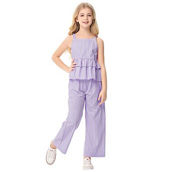FUNJULY Girls 2 pc Summer Outfit Spaghetti Strap Ruffle Cami Top Striped Wide Leg Pants
