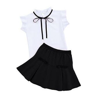 FUNJULY Girls' Skirt Set 2 pc Outfit Summer School Uniform Skirt Cute Tops Ruffle Mini Skirt
