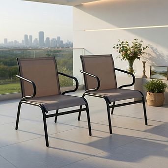 Modern Patio Chairs Set of 2 with Breathable Fabric for Porch-Coffee