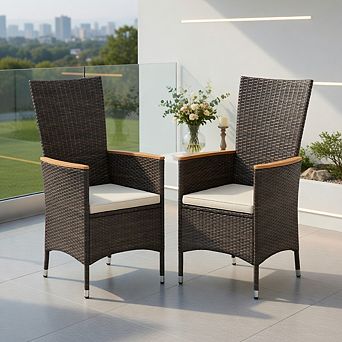 Patio Rattan Chairs Set of 2 Outdoor Wicker Dining Chairs with High Backrest-Beige